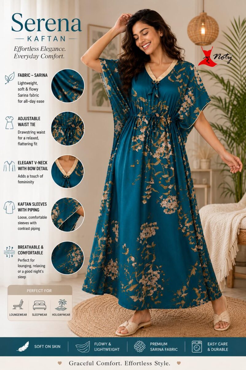 Noty® Women’s Printed Kaftan Nightwear | Long Lounge Dress with Drawstring Waist | Soft Lightweight V-Neck Nightdress for Women Teal - Image 6
