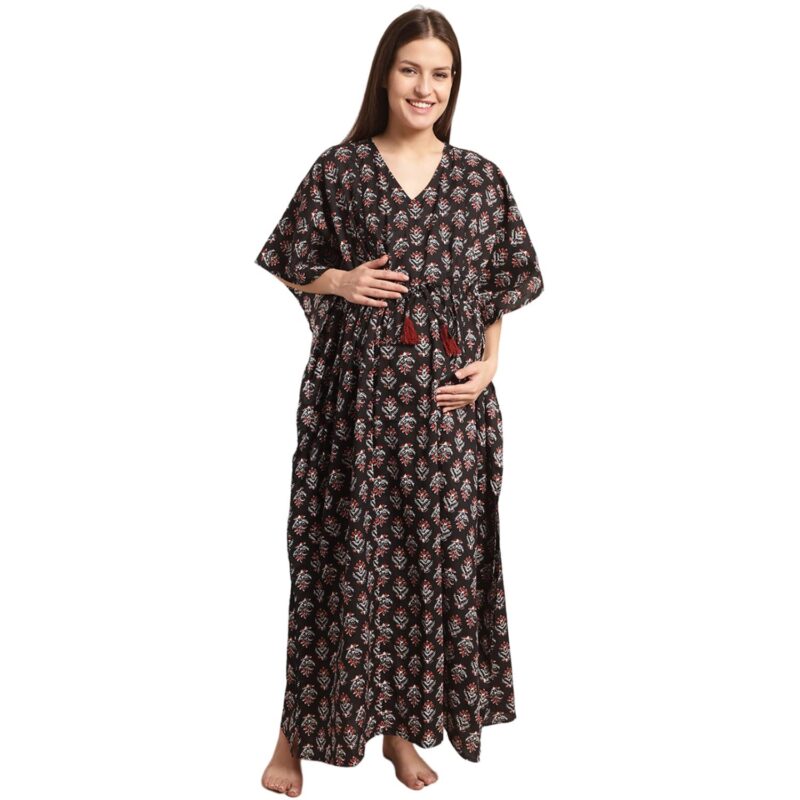 Secret Wish Women Cotton Maxi Black Floral Maternity Kaftan Nighty, Free size