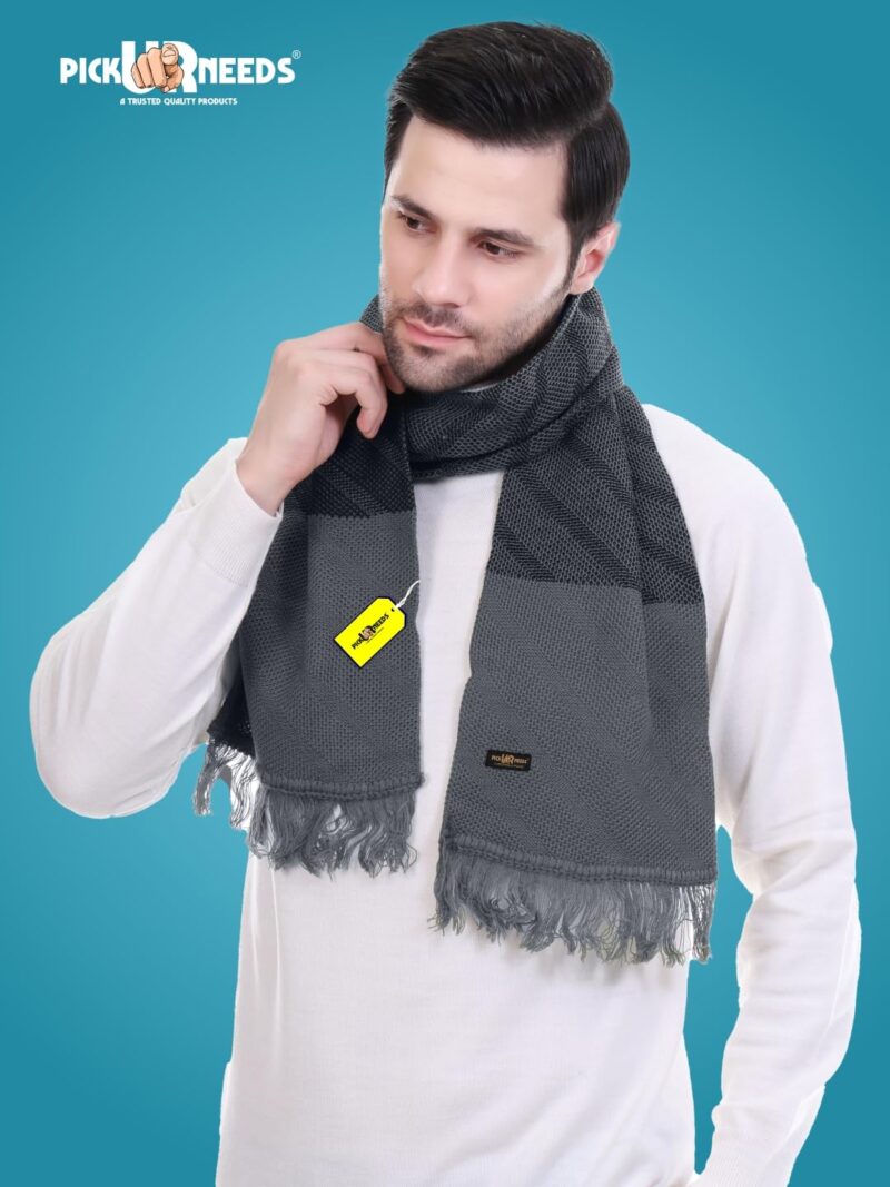 Premium Men's Warm And Stylish Woolen Muffler Angoora With Solid Color Plain Design And Stylish Tussles Ends Muffler For Men (BlackGrey) - Image 4