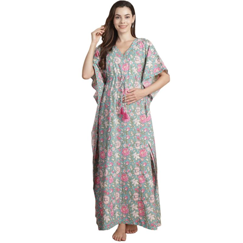 Secret Wish Light Green Floral Cotton Maternity & Feeding Kaftan for Women | Loose Fit Nursing Nighty with Zipper | Calf Length Pregnancy Night Dress for New Moms