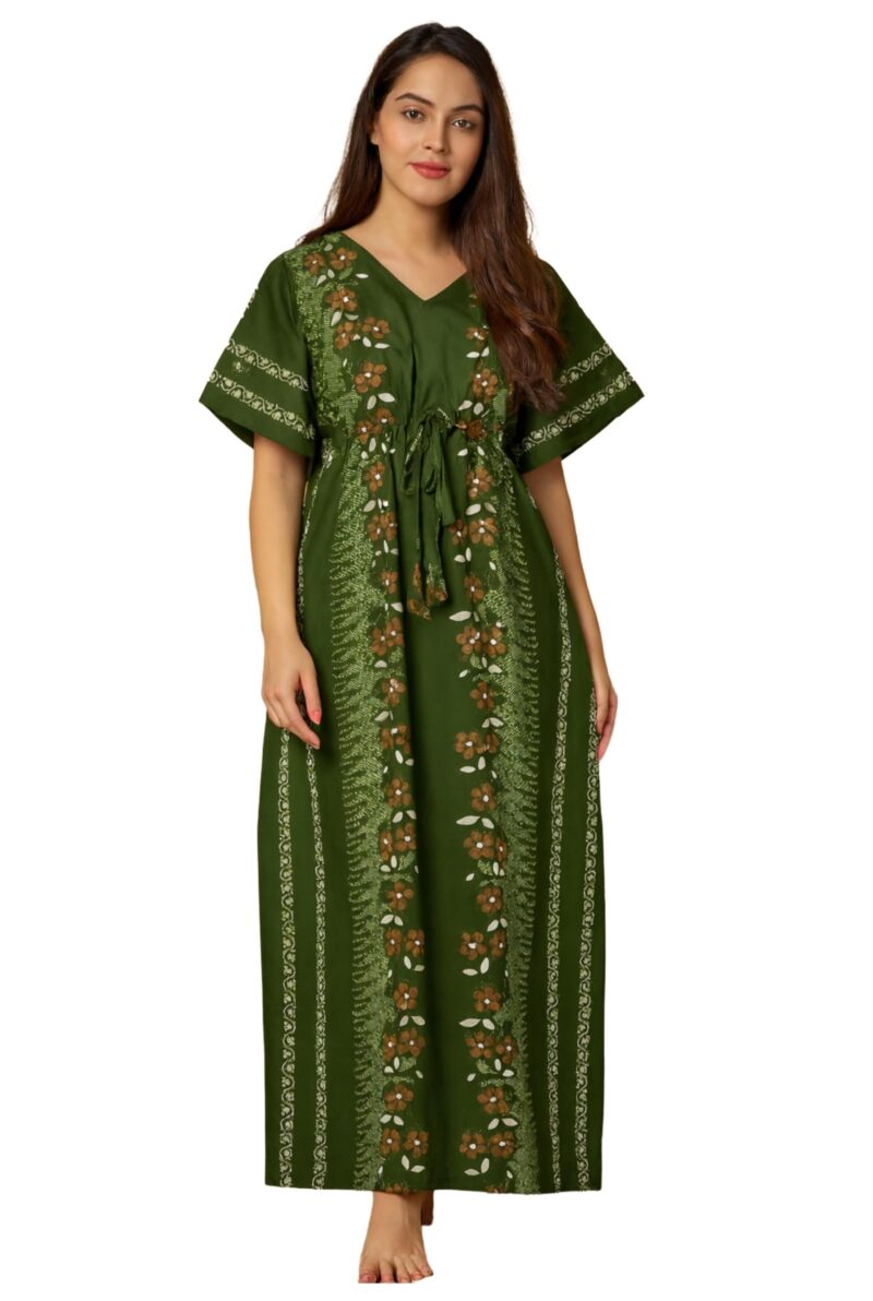 Bahumaan Pure Cotton Kaftan Nighty for Women | Kaftan Maxi for Women | Kaftan Night Gowns for Women | Cotton Nighty for Women Stylish | (Green, Free Size)