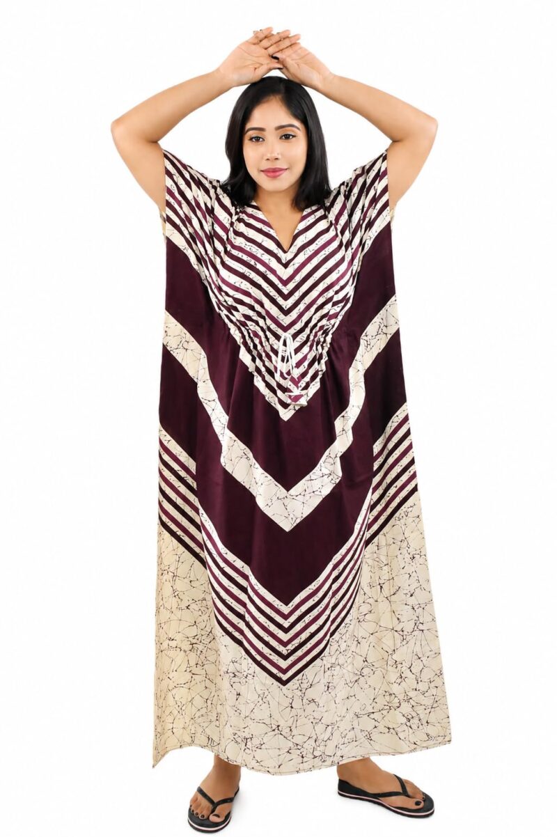 BDROX Women’s Printed Maroon Cotton Kaftan Nighty | Long Maxi Lounge Dress with Drawstring Waist | Soft, Breathable & Comfortable Nightwear - Image 2