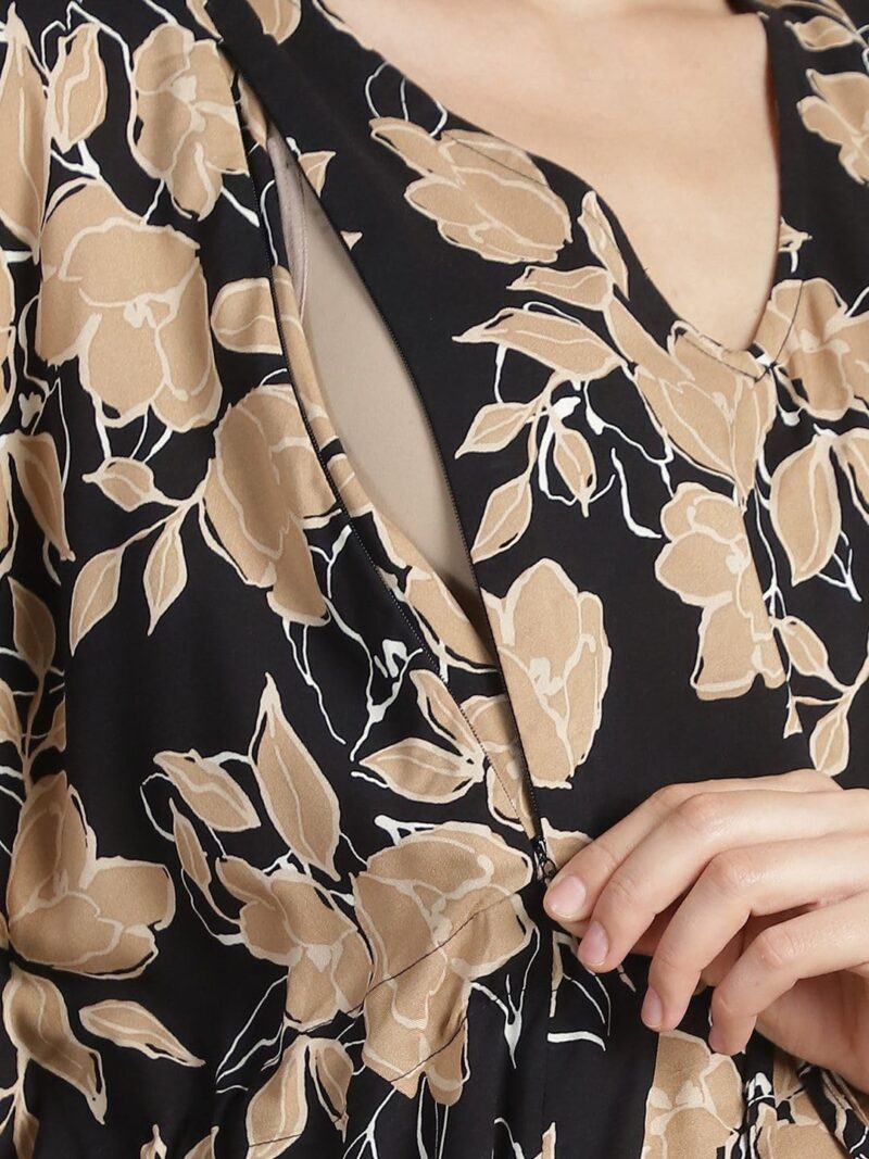 Secret Wish Women Rayon Black & Golden Floral Maternity Kaftan/Free Size/Feeding/Nursing/Zipper/Drawstring/Printed/Full Length - Image 3