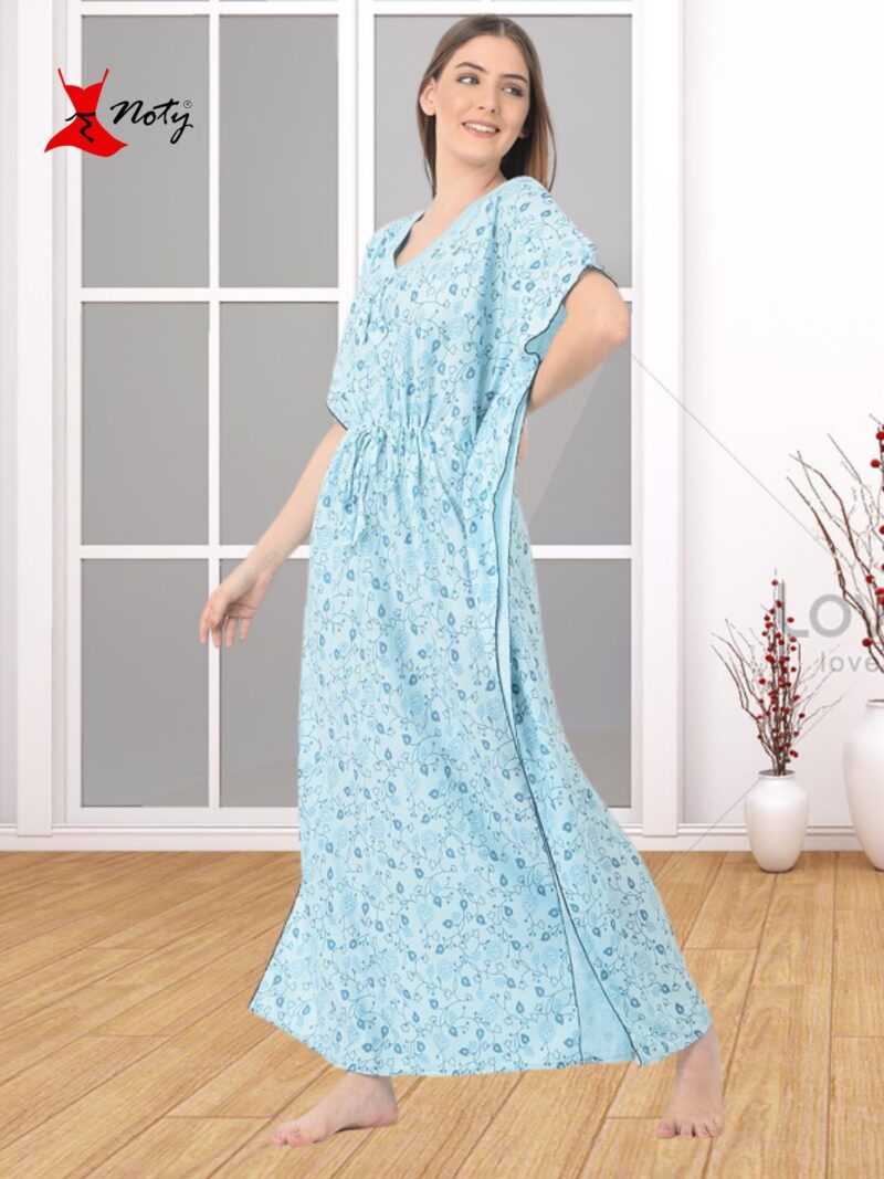 Noty Women's Soft Cotton Kaftan Maxi Nightgown Nighty Nightdress Nightwear - Cotton -V-Neck- Floral (Free Size, Mint Green) - Image 4