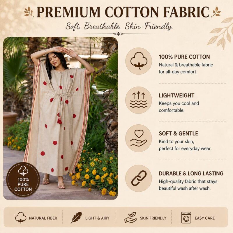 Navyas Fashion Bagru Polka Dot Printed Cotton Kaftan Dress, Pure Cotton, Full Length, Notched Neckline, Drawstring with Tassels, 2 Side Slits, Customisable & Bulk Available (XX-Large) - Image 4