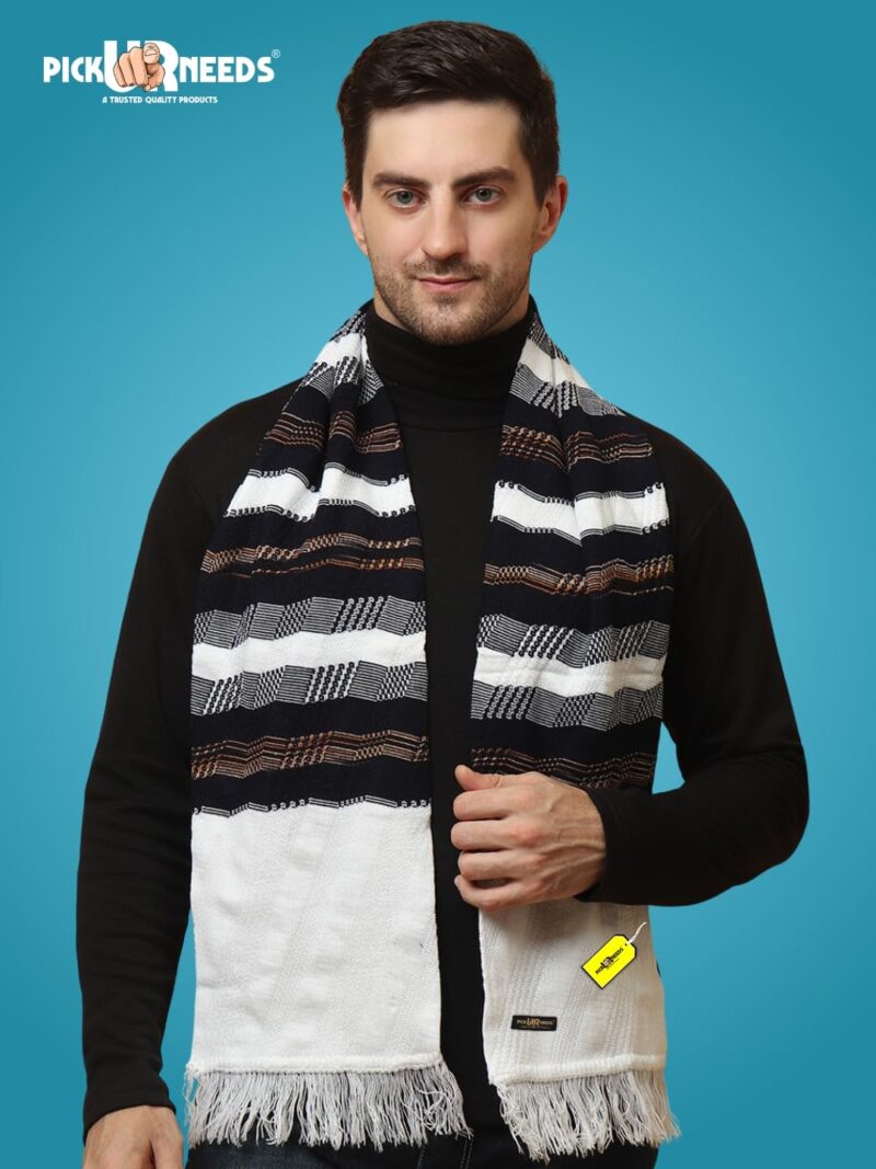 Soft Warm Wool Blend Scarf Premium Knitted Winter Muffler for Men with Stylish Geometric Pattern Trendy Casual & Formal Winter Wear Mufflers (White) - Image 3