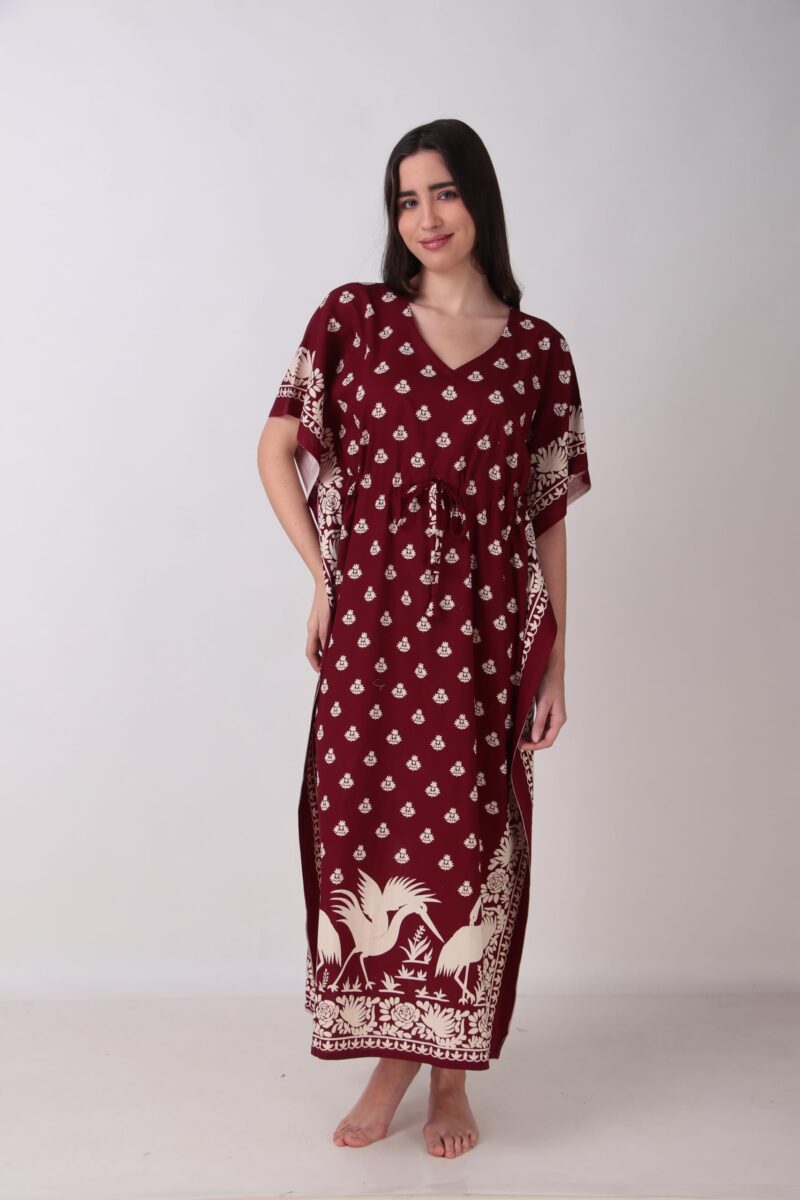 Masha Women's Cotton Printed Saras Kaftan Nighty Maroon - Image 7