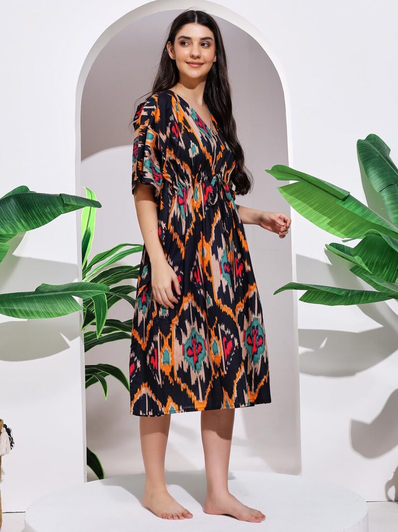 Ravaiyaa - Attitude is everything Women Black Ikat Printed Cotton V-Neck Knee Length Kaftan Dress Nighty - Image 2