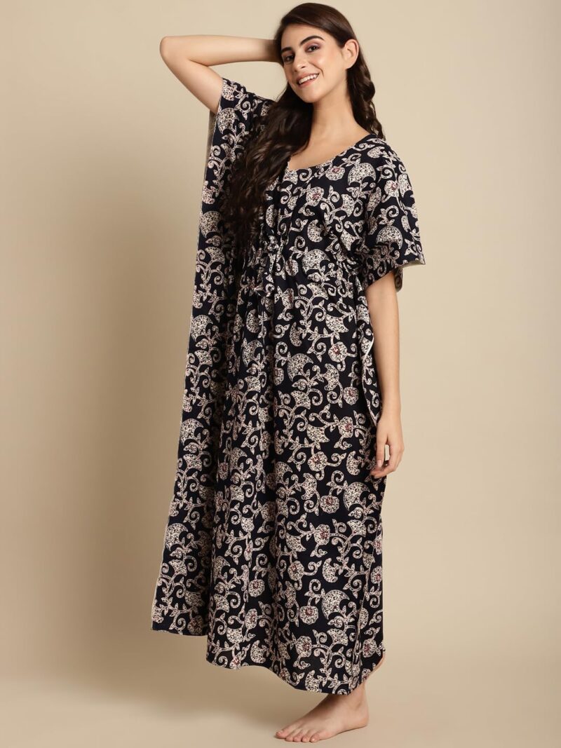 Secret Wish Women Cotton Maxi Black & White Batik Print Floral Kaftan, Free size - Image 2
