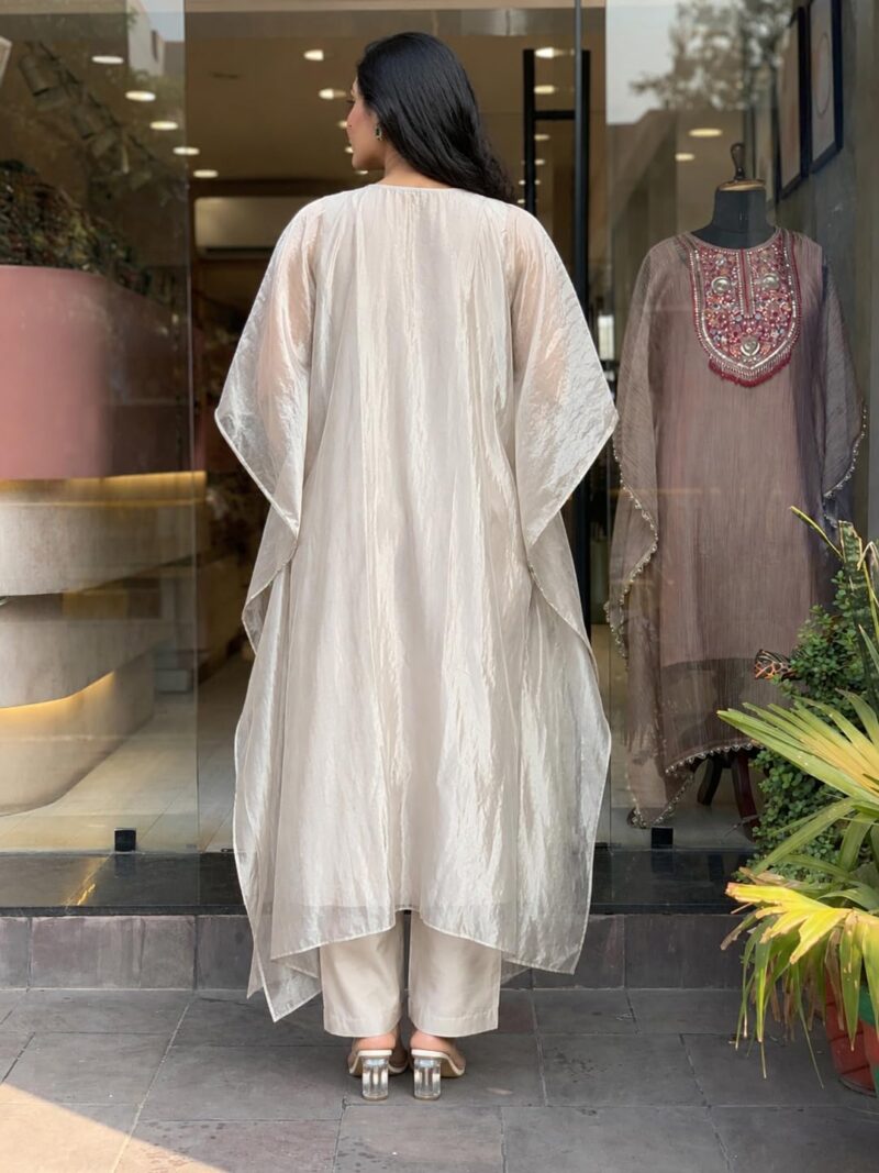 GoSriKi Women's Glass Tissue Embroidered Kaftan Kurta with Palazzo for Women (Chiran Beige-GS_XL_Beige_XL) - Image 2