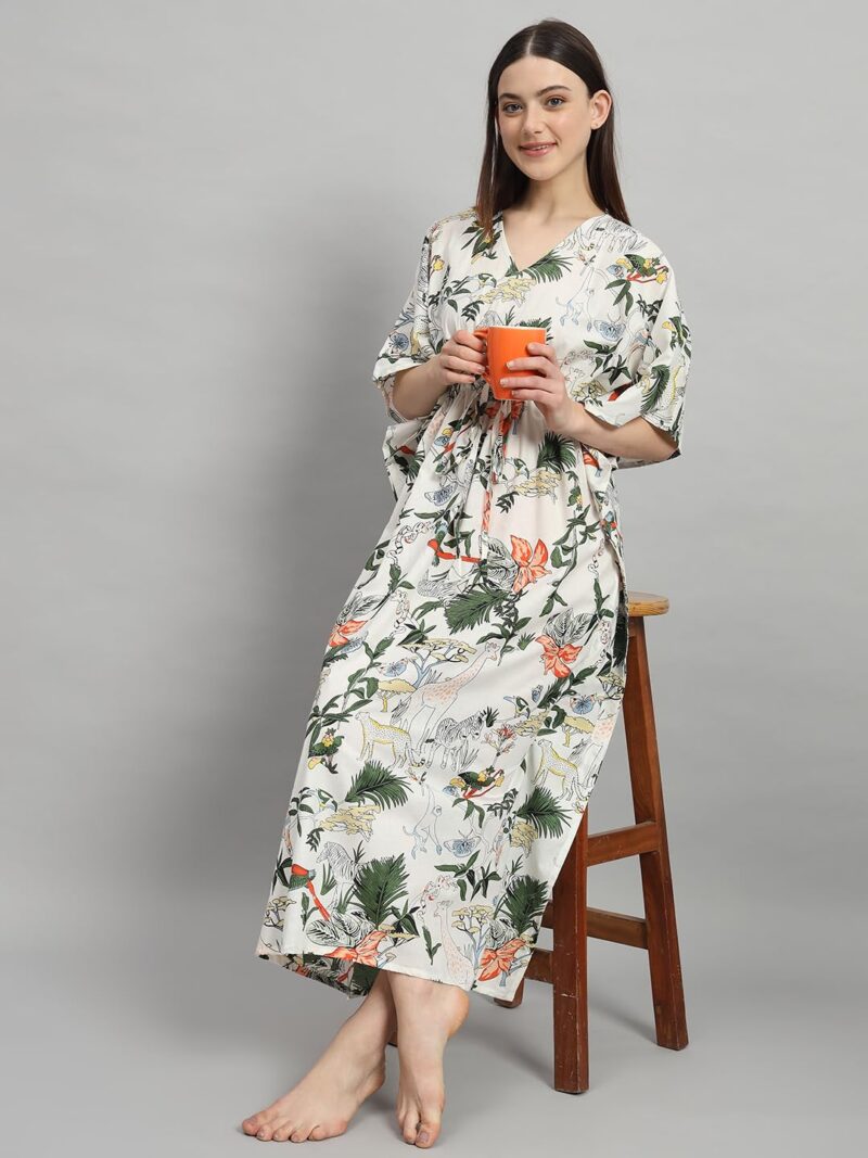 Ravaiyaa - Attitude is everything Women's 100% Cotton Printed Kimono Sleeves V-Neck with Adjustable Drawstring Long Kaftan (White Green) - Image 2