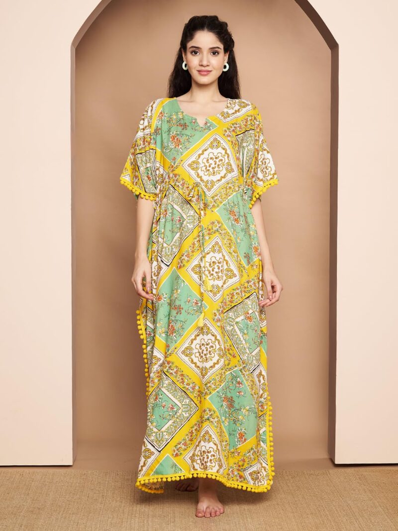 Secret Wish Yellow Geometric Print Rayon Kaftan/Free Size/Printed/Drawstring/Full Length - Image 2