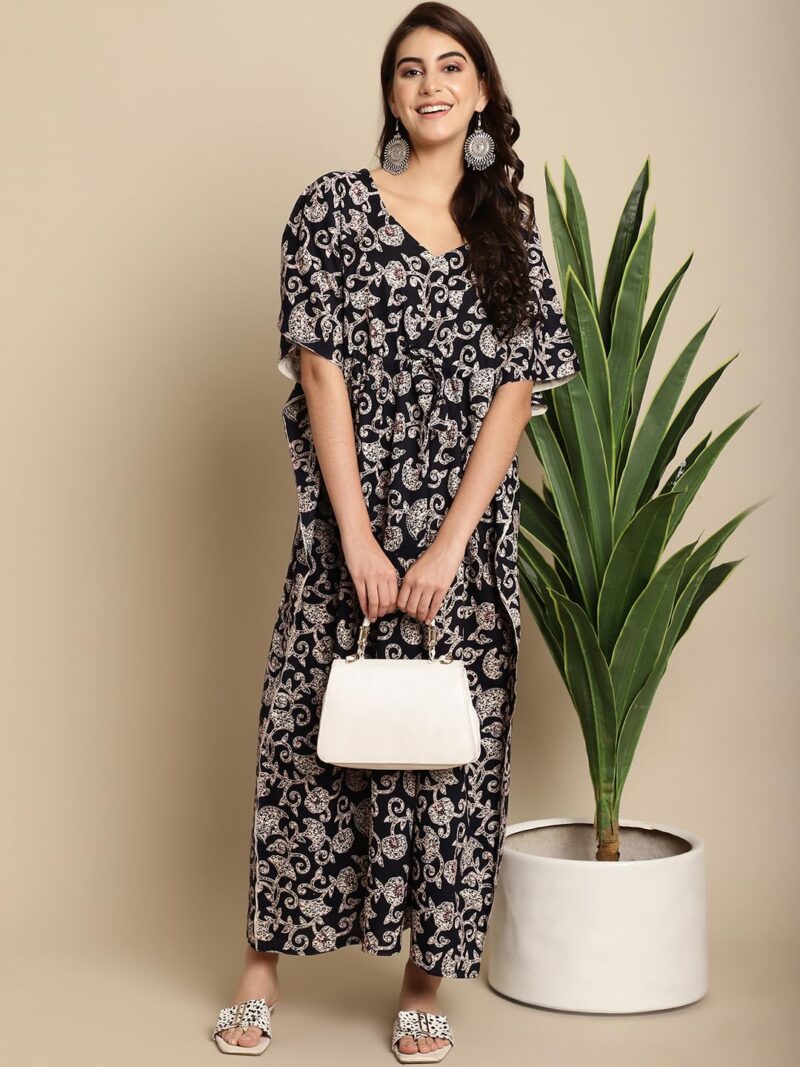 Secret Wish Women Cotton Maxi Black & White Batik Print Floral Kaftan, Free size - Image 5