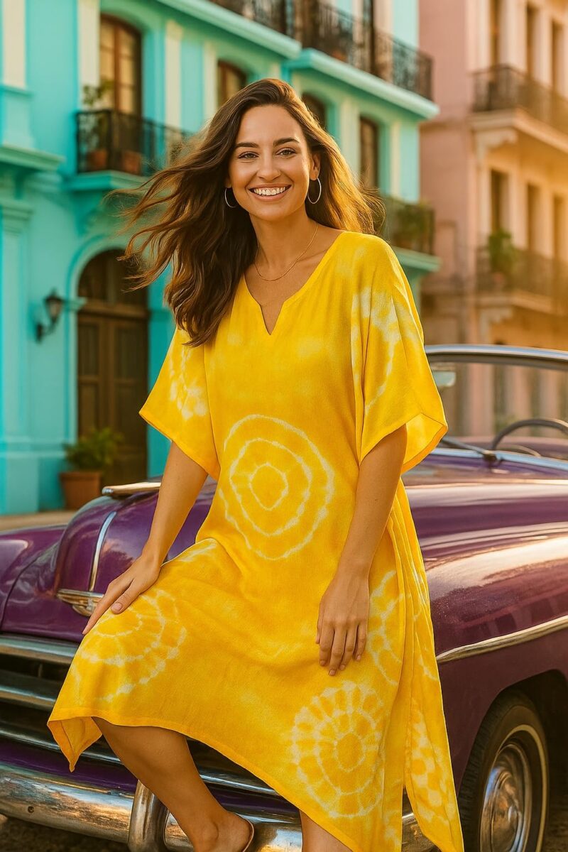 Maaesa Women Yellow Handcrafted Tie-Dye Rayon Loose Fit Kaftan Dress | V-Neck | Flowy Kaftan Style | Lightweight & Breathable Fabric | Casual Wear - Image 2