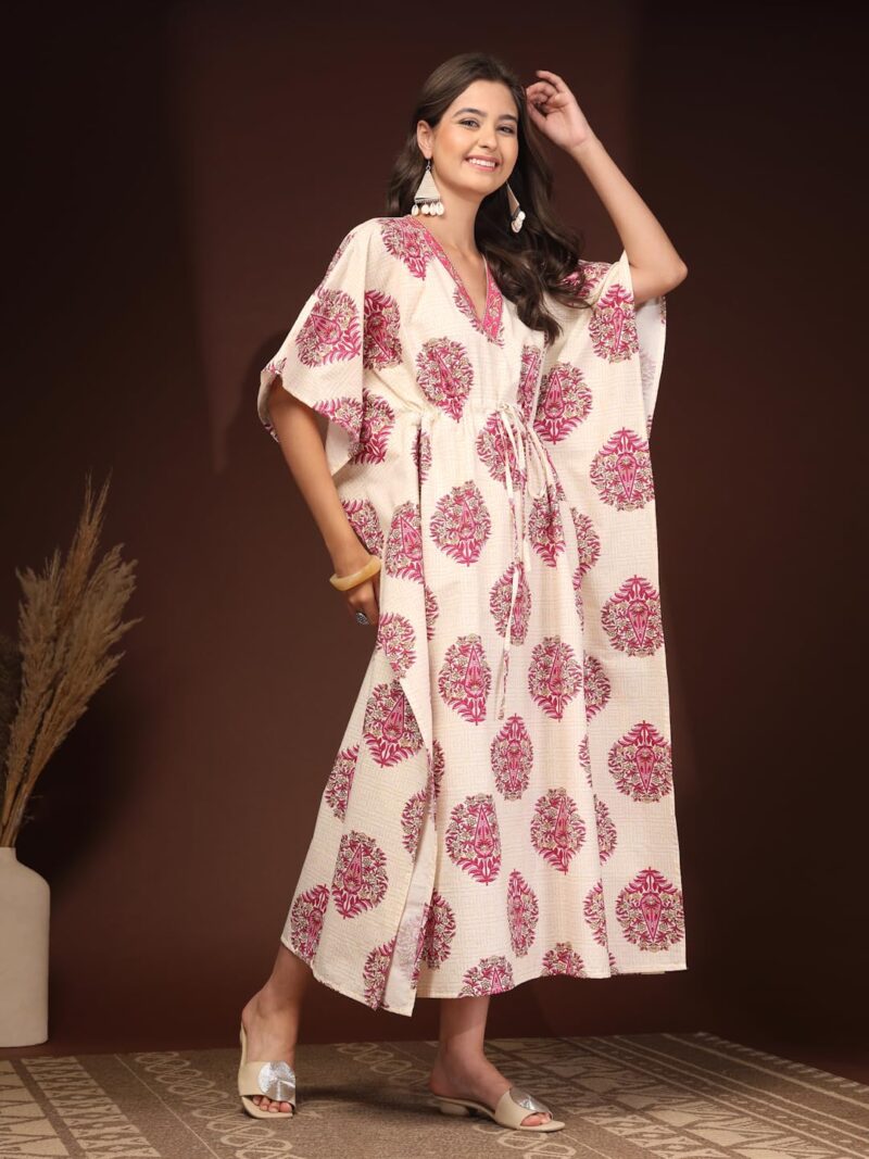 GLAMALUE Women Cotton Floral Printed Kaftan, Cream and Pink, V-Neck with Drawstring Waist, Maxi Length - Image 3