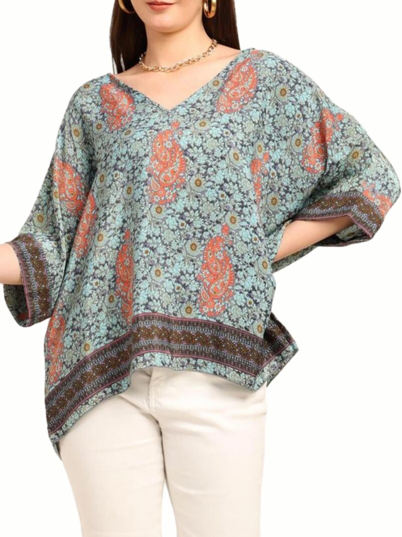 KE KANHA EXPORTS Over Size top|Tops for Woman|Boho Vibe Beach wear|Soft Silky Feel Border Print|V-Neck Half Sleeve Loose Fit|Multicolor|Easily fits M toXXL|Bust 32-40in Length 28in|Pack of 1