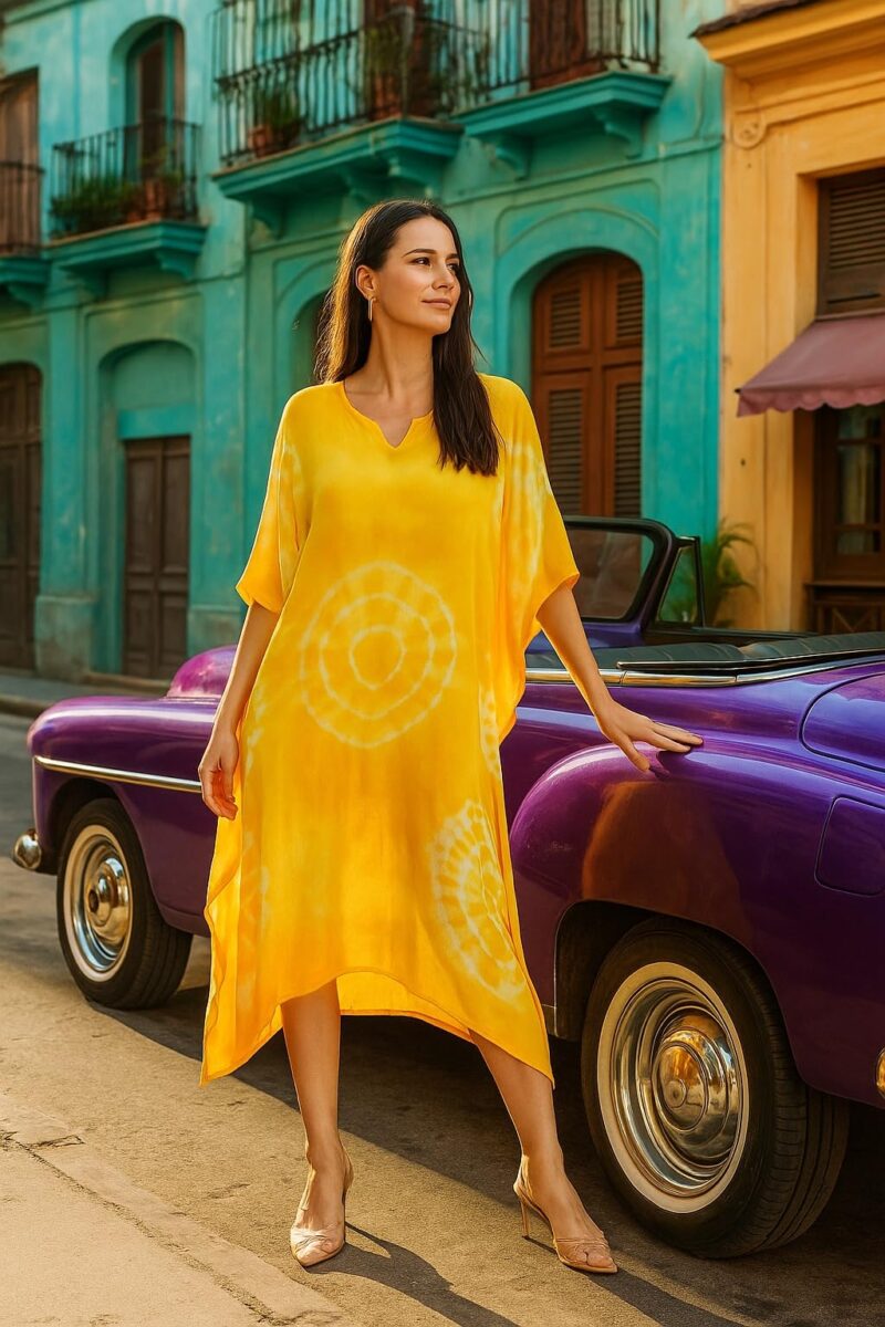 Maaesa Women Yellow Handcrafted Tie-Dye Rayon Loose Fit Kaftan Dress | V-Neck | Flowy Kaftan Style | Lightweight & Breathable Fabric | Casual Wear - Image 6