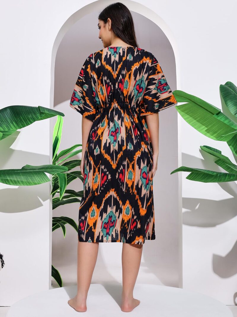 Ravaiyaa - Attitude is everything Women Black Ikat Printed Cotton V-Neck Knee Length Kaftan Dress Nighty - Image 6