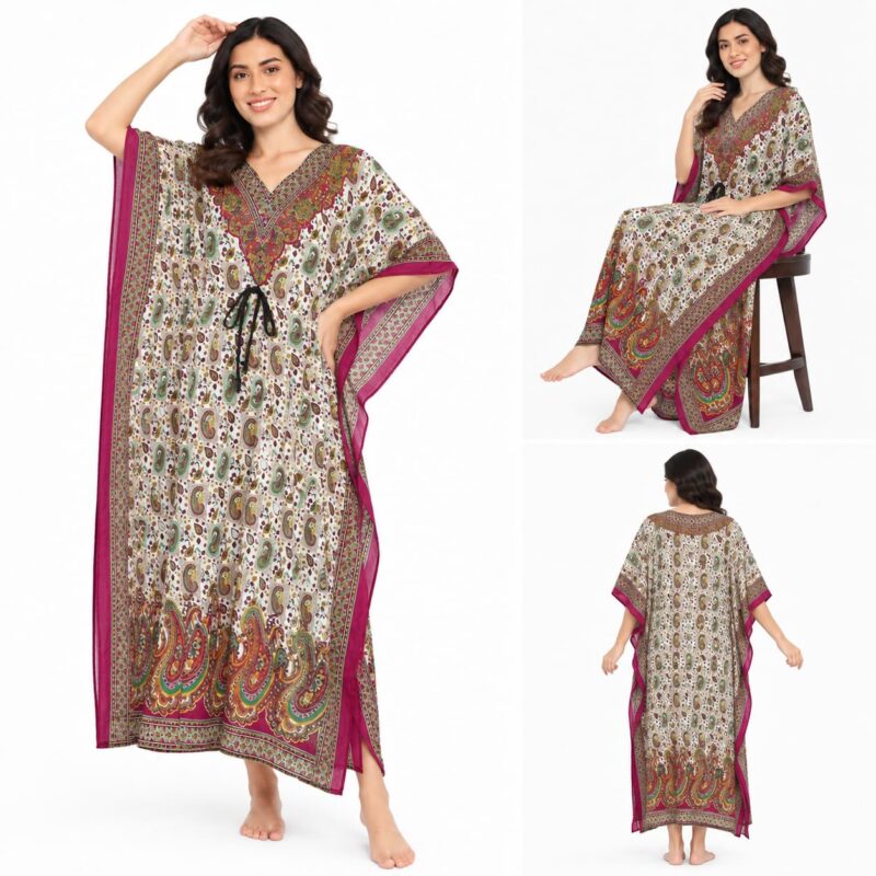 Navya Heritage Women's Paisley Print Kaftan Dress, Full Length, Magenta - Image 4