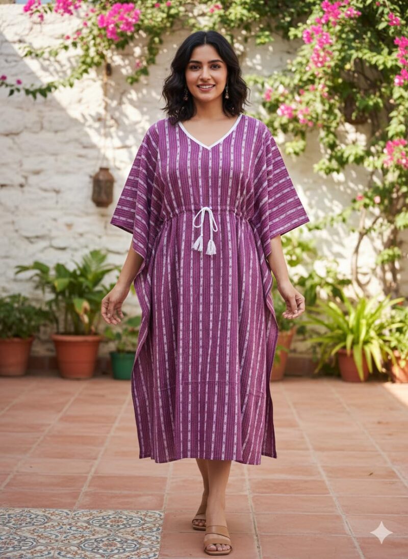 Crafts Moda Women's Cotton Kaftan - Night Dress Loungewear Relaxed Fit Midi Dress - Kantha Work Purple - Image 2