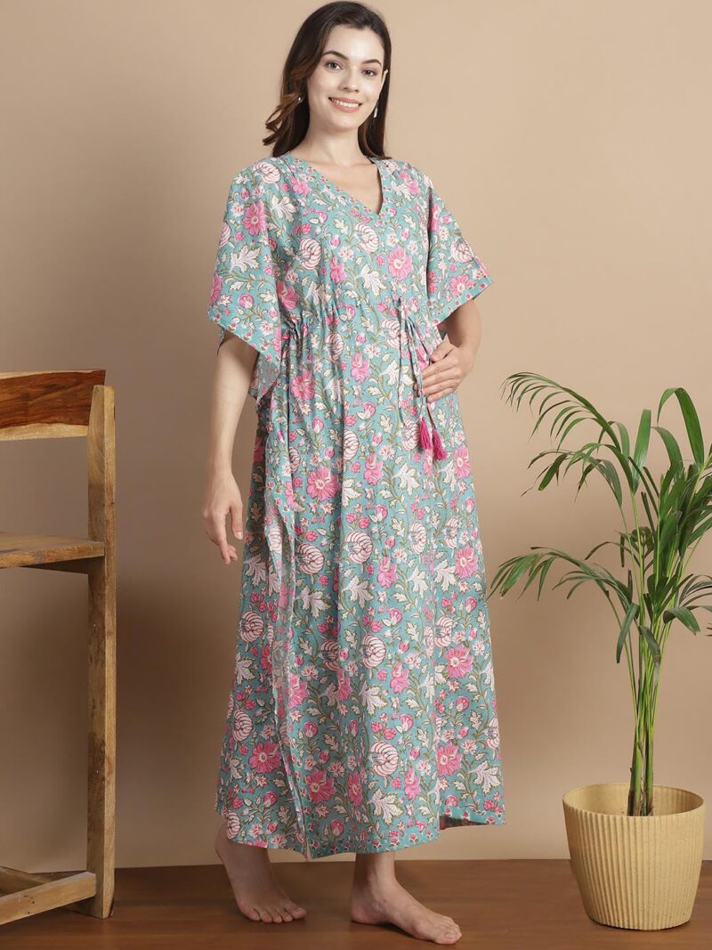 Secret Wish Light Green Floral Cotton Maternity & Feeding Kaftan for Women | Loose Fit Nursing Nighty with Zipper | Calf Length Pregnancy Night Dress for New Moms - Image 2