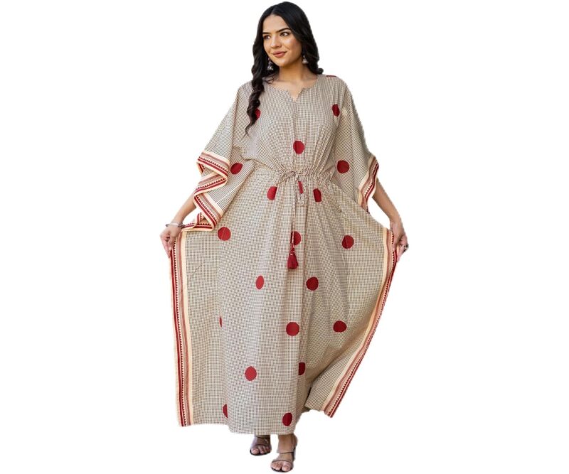 Navyas Fashion Bagru Polka Dot Printed Cotton Kaftan Dress, Pure Cotton, Full Length, Notched Neckline, Drawstring with Tassels, 2 Side Slits, Customisable & Bulk Available (XX-Large)