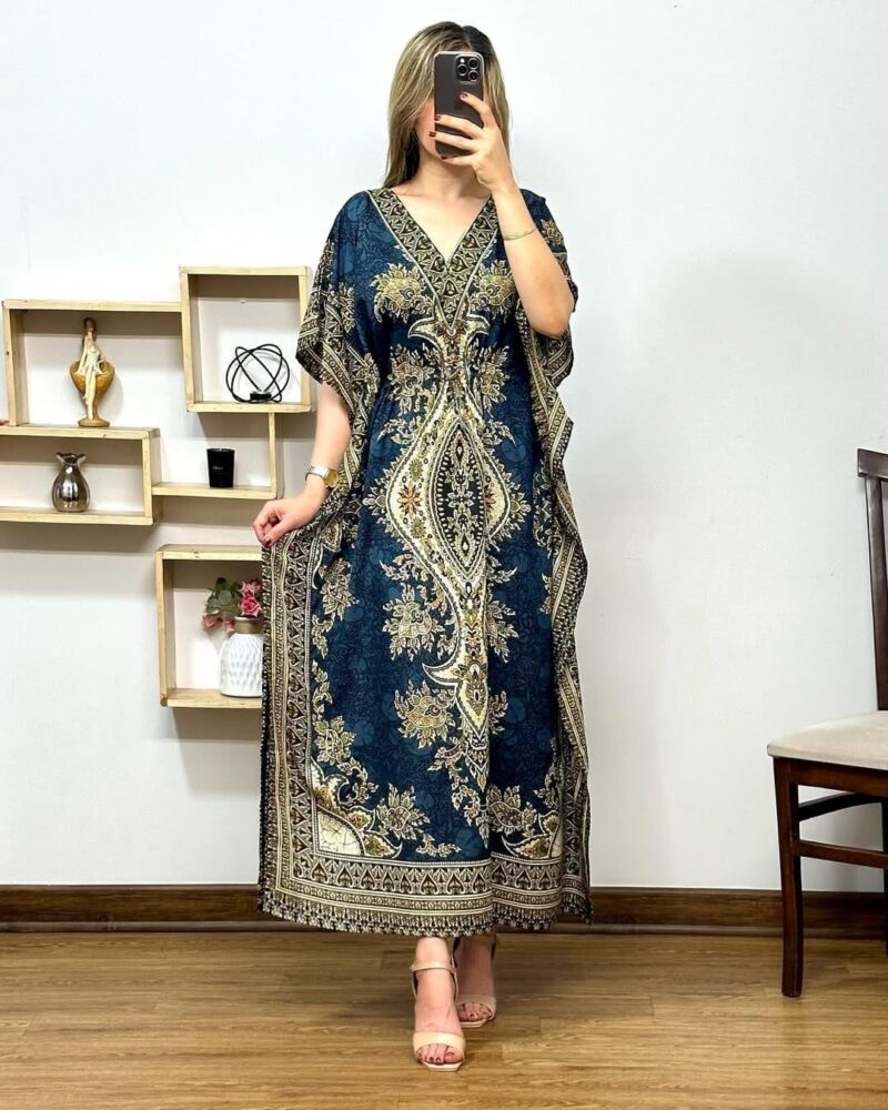NAIADES Women's Kaftan Dress – Bohemian Printed V-Neck Long Maxi Caftan Dress with Loose Fit & Elegant Design (Kaftan-Kurti-Blue-2XL) - Image 2