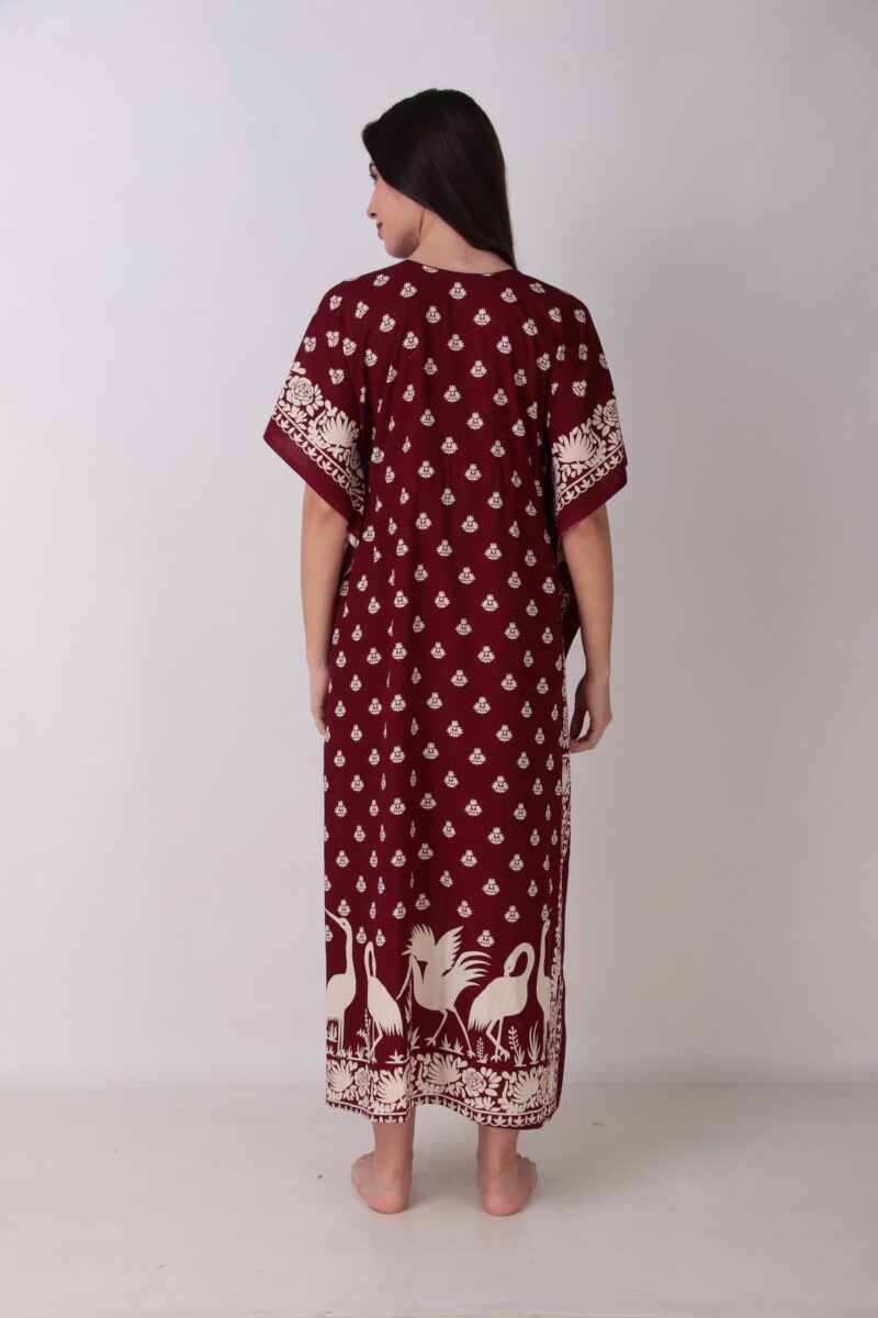 Masha Women's Cotton Printed Saras Kaftan Nighty Maroon - Image 4