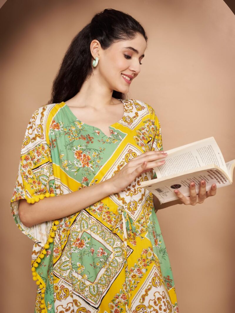 Secret Wish Yellow Geometric Print Rayon Kaftan/Free Size/Printed/Drawstring/Full Length - Image 8