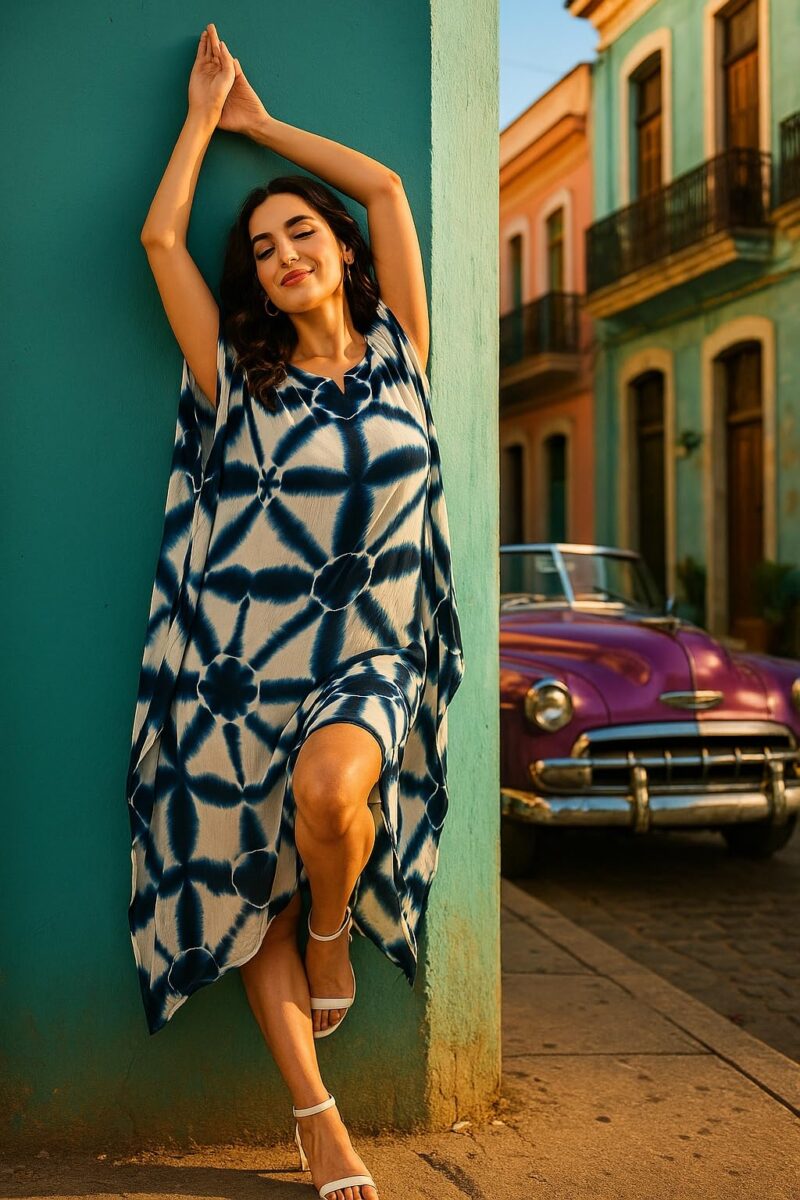 Maaesa Women Navy Blue & White Handcrafted Tie-Dye Rayon Loose Fit Kaftan Dress | V-Neck | Flowy Kaftan Style | Lightweight & Breathable Fabric | Casual Wear - Image 7