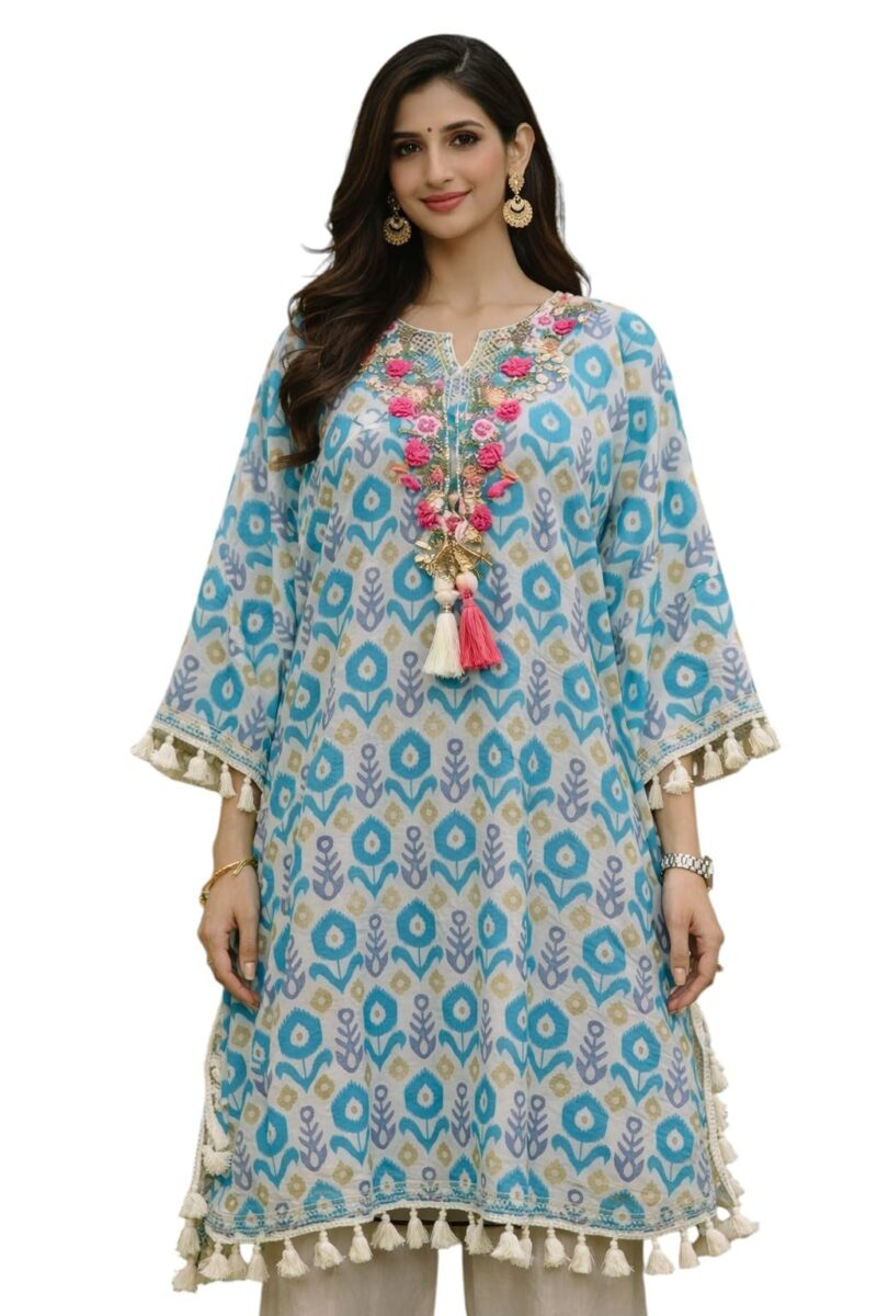 Women's Kaftan Kurta, Floral Print, 3/4 Sleeve with Tassel Detail, Rayon (in, Alpha, 2XL, Blue)