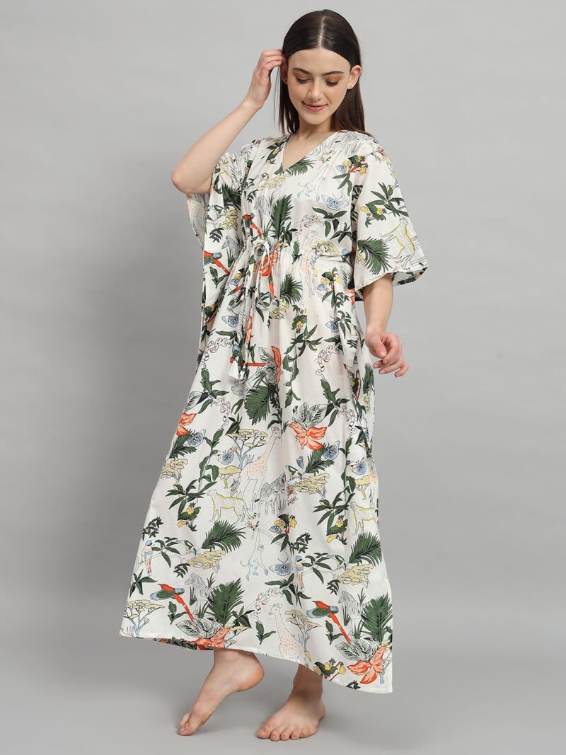Ravaiyaa - Attitude is everything Women's 100% Cotton Printed Kimono Sleeves V-Neck with Adjustable Drawstring Long Kaftan (White Green) - Image 4