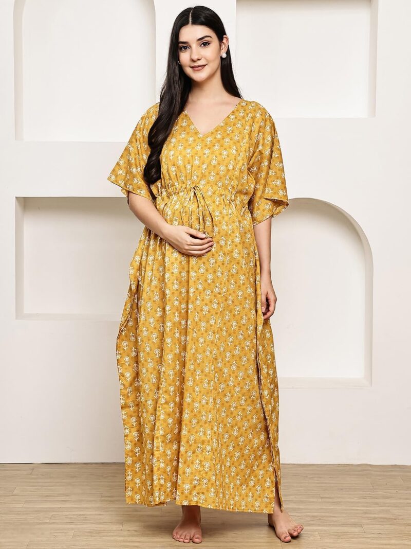 Secret Wish Mustard Floral Cotton Maternity Kaftan & Feeding Kaftan| Loose Fit Nursing Nighty with Zipper | Pregnancy Dress - Image 2