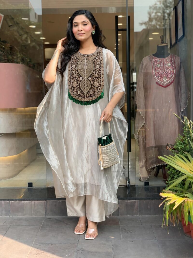 GoSriKi Women's Glass Tissue Embroidered Kaftan Kurta with Palazzo for Women (Chiran Beige-GS_XL_Beige_XL) - Image 5