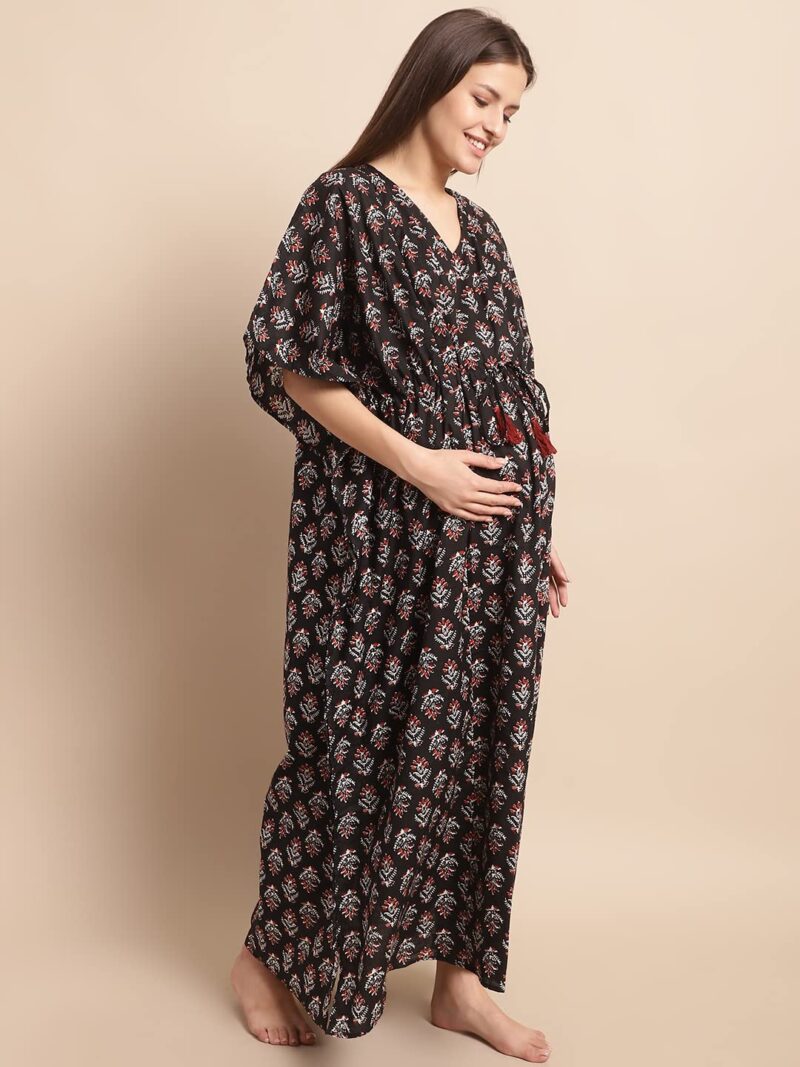 Secret Wish Women Cotton Maxi Black Floral Maternity Kaftan Nighty, Free size - Image 3