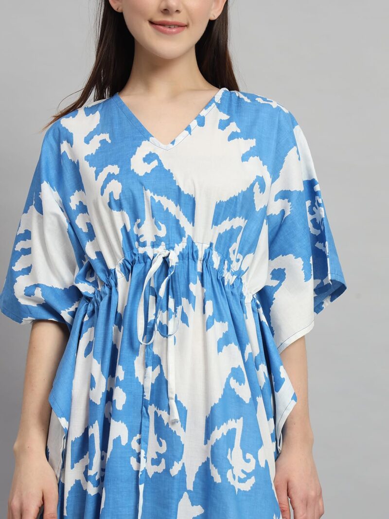Ravaiyaa - Attitude is everything Women's 100% Cotton Printed Kimono Sleeves V-Neck with Adjustable Drawstring Long Kaftan (White Turquoise) - Image 5