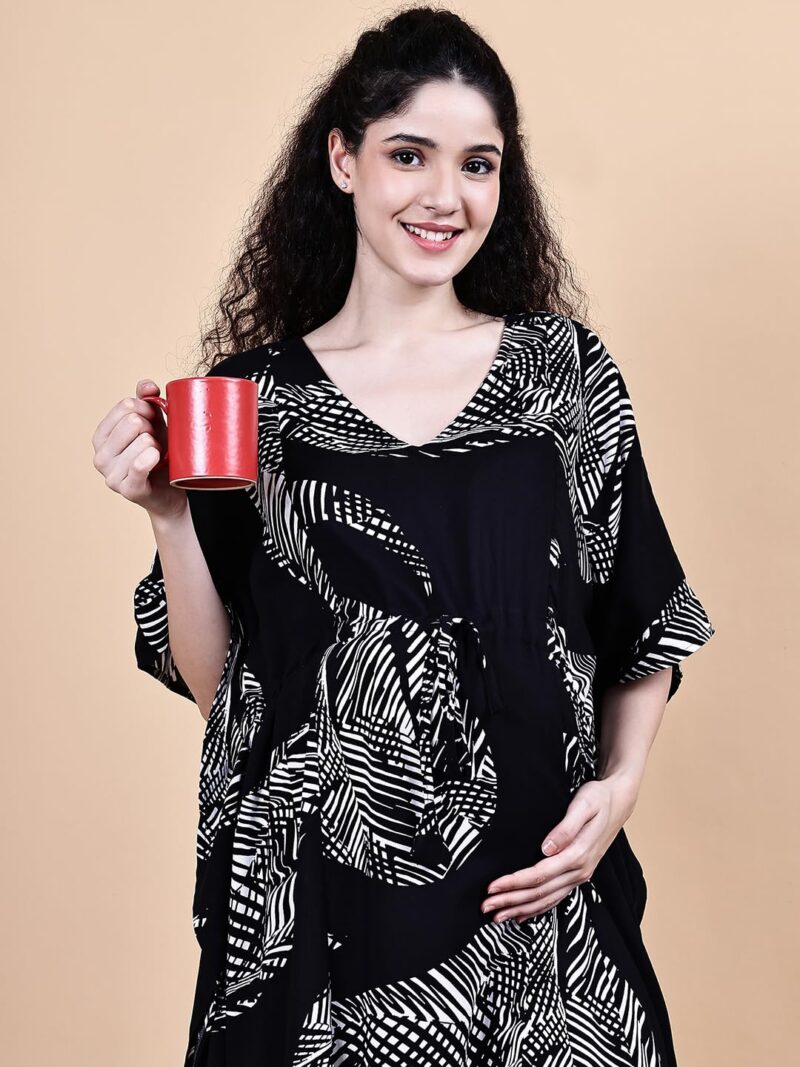 Secret Wish Rayon Maternity Kaftan Nighty/Free Size/Feeding/Nursing/Zipper/Drawstring/Full Length (Black III) - Image 9