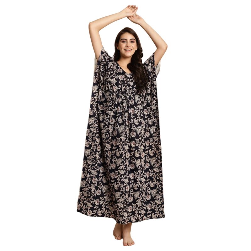 Secret Wish Women Cotton Maxi Black & White Batik Print Floral Kaftan, Free size