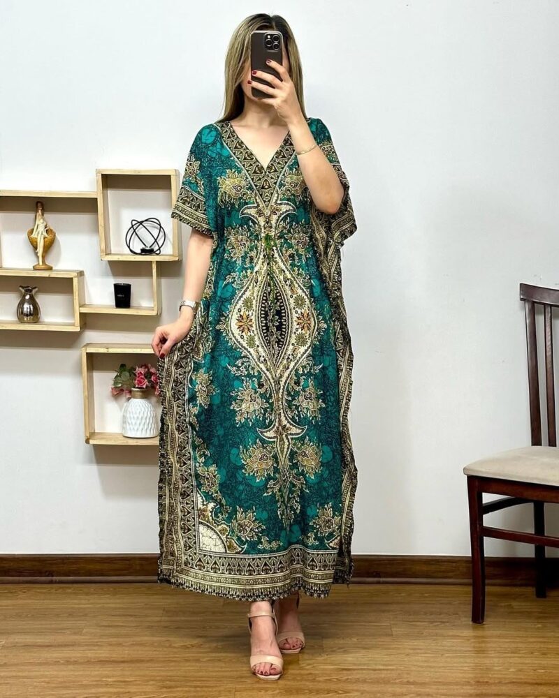 NAIADES Women's Kaftan Dress – Bohemian Printed V-Neck Long Maxi Caftan with Loose Fit & Elegant Design (Kaftan-Kurti-Green-XL) - Image 2