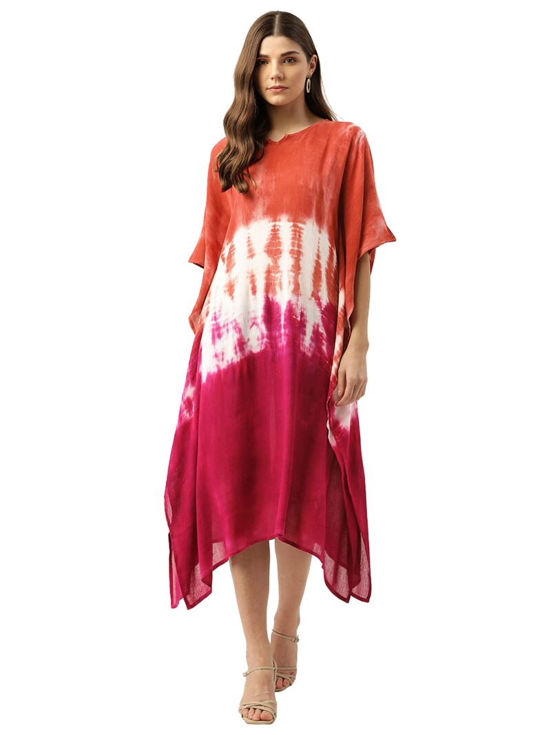 Maaesa Women Handcrafted Tie & Dye Rayon Kaftan Dress | Casual Wear | Flowy Kaftan Style | Lightweight & Breathable Fabric Wine Brown