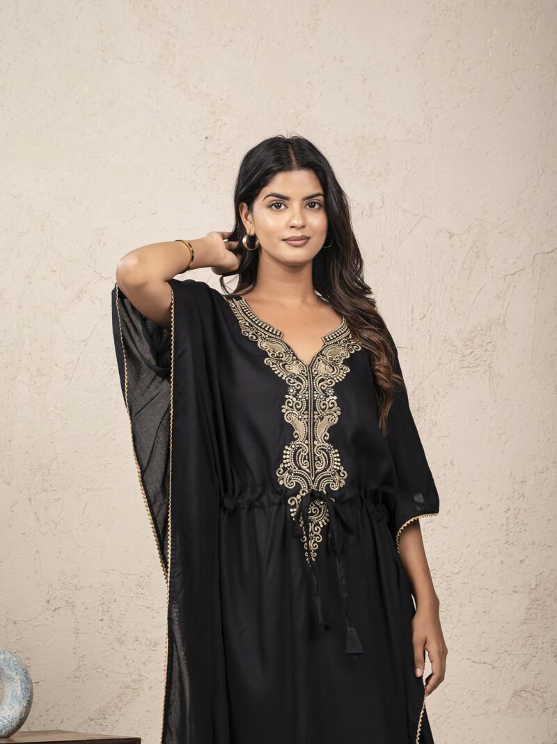 Jaipur Export Quality 100% Pure Rayon Block Print Women's Designer Kaftan Dress || Soft and (Non-Transparent Fabric) b;ack morraccan Black - Image 3