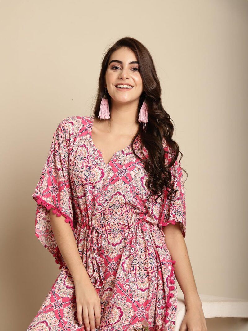 Secret Wish Women's Rayon Pink Kaftan Nighty/Free Size/Scree Print/Drawstring/Nightdress/Nightwear/Full Length - Image 6