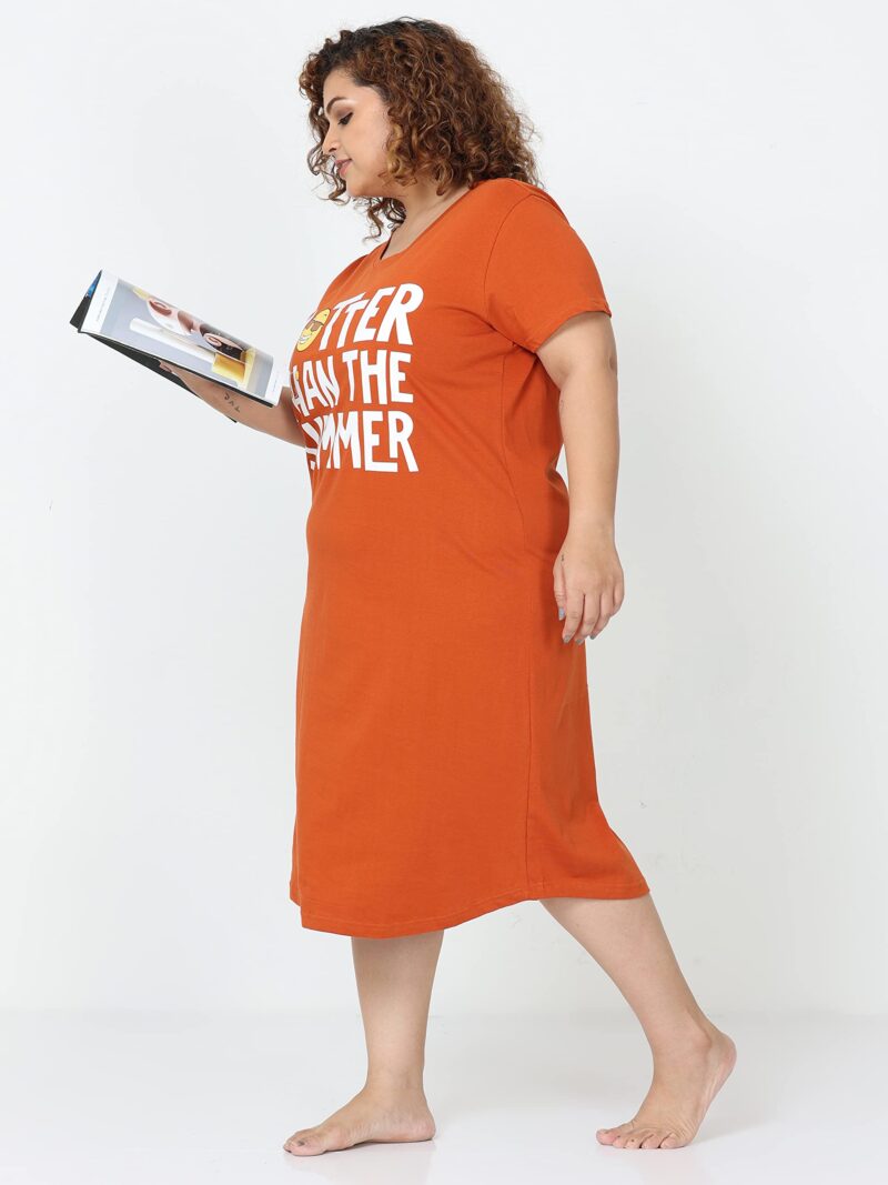 9shines Label For Women Hosiery Cotton Stylish Plus Size Short Nighty | Knee Length Night Dress with Pocket | Graphic Print Nightwear for Daily and Lounge Wear (9SPMY23-SO-L), Orange - Image 8