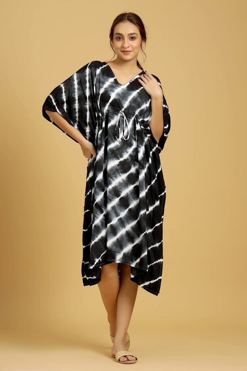 Ravaiyaa - Attitude is everything Rayon Shibori Tie Dye Short Caftan Nightwear Women's Party Dress Kaftan Maxi Gown (Black White Lahriya) - Image 5