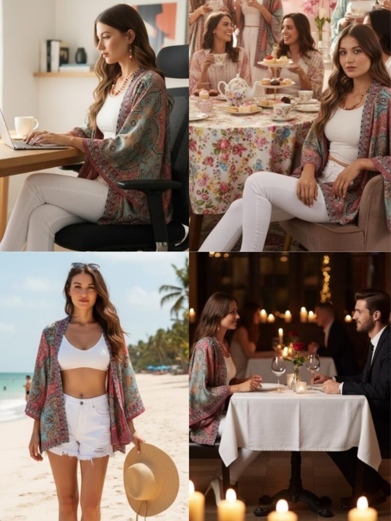 KE KANHA EXPORTS Shrugs for Women Stylish Boho Western Kimono Beach Wear Top with Japanese Sleeves and Multicolour Border Print | Premium Soft Silky Free Size Cover Up Fits S-M-L (1147) - Image 3