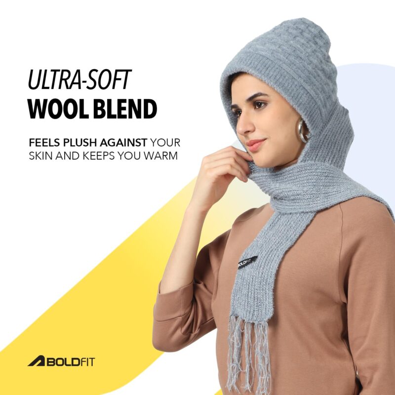 Boldfit Winter Cap for Women Woolen with Mufflers Ladies Knitted for Girls Cap, Stylish for Winter Wear Scarf - Grey - Image 3