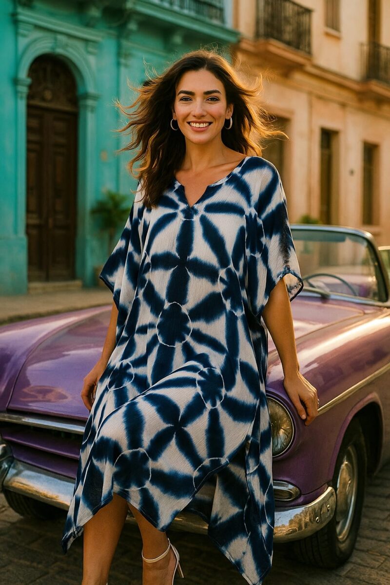 Maaesa Women Navy Blue & White Handcrafted Tie-Dye Rayon Loose Fit Kaftan Dress | V-Neck | Flowy Kaftan Style | Lightweight & Breathable Fabric | Casual Wear - Image 6