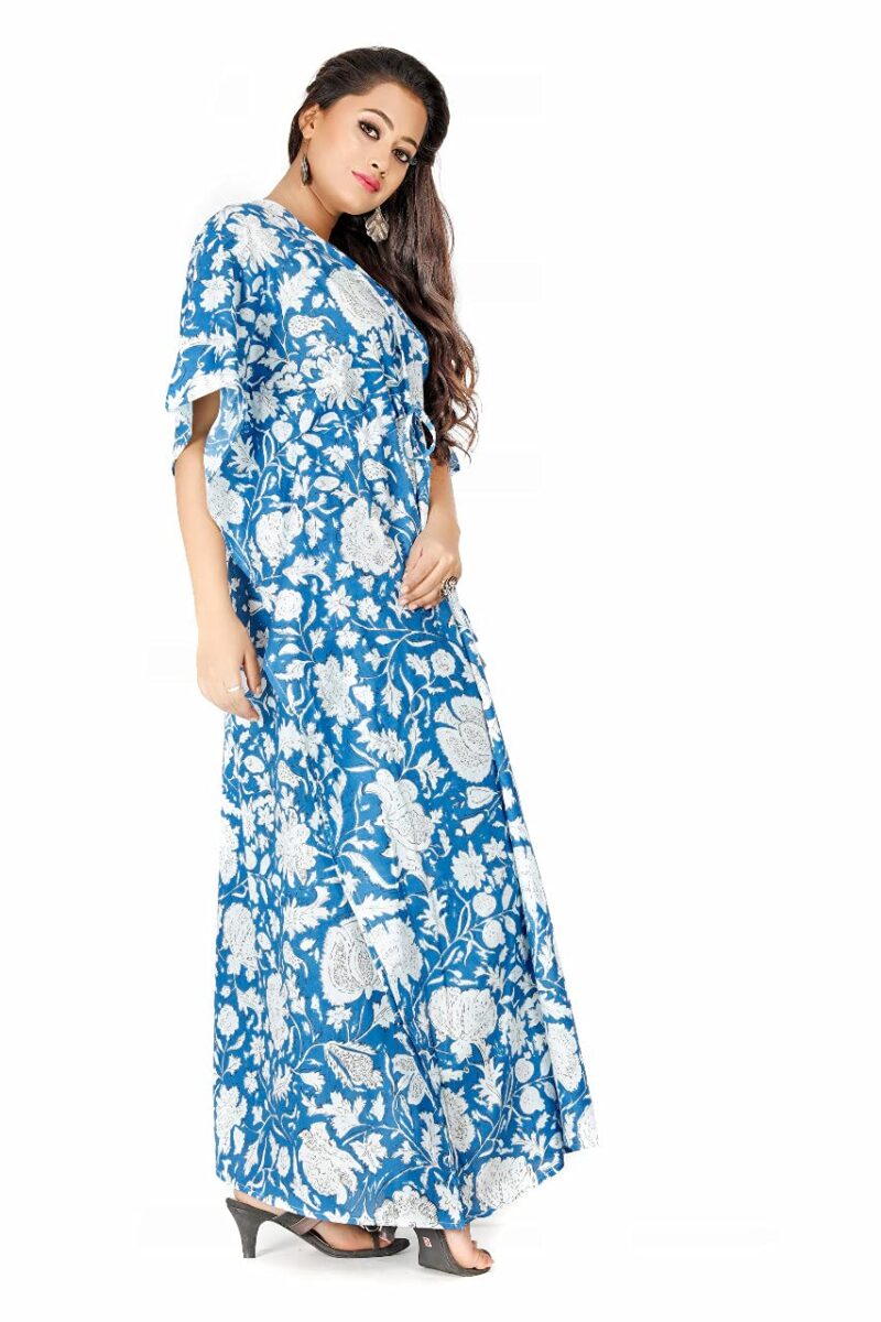 Shri Ganesh Impex Maxi Kaftan for Women, Pure Cotton Nighty, Loungewear Kaftan | Hand Block Printed Women Nighty | Free Size Blue - Image 5