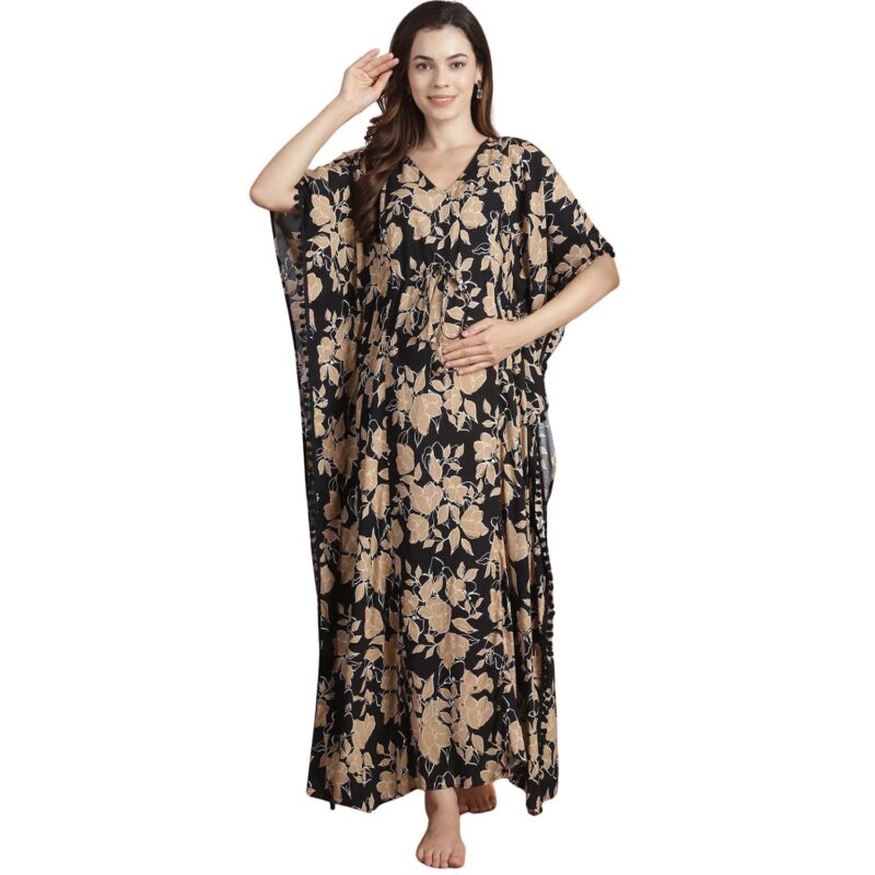 Secret Wish Women Rayon Black & Golden Floral Maternity Kaftan/Free Size/Feeding/Nursing/Zipper/Drawstring/Printed/Full Length