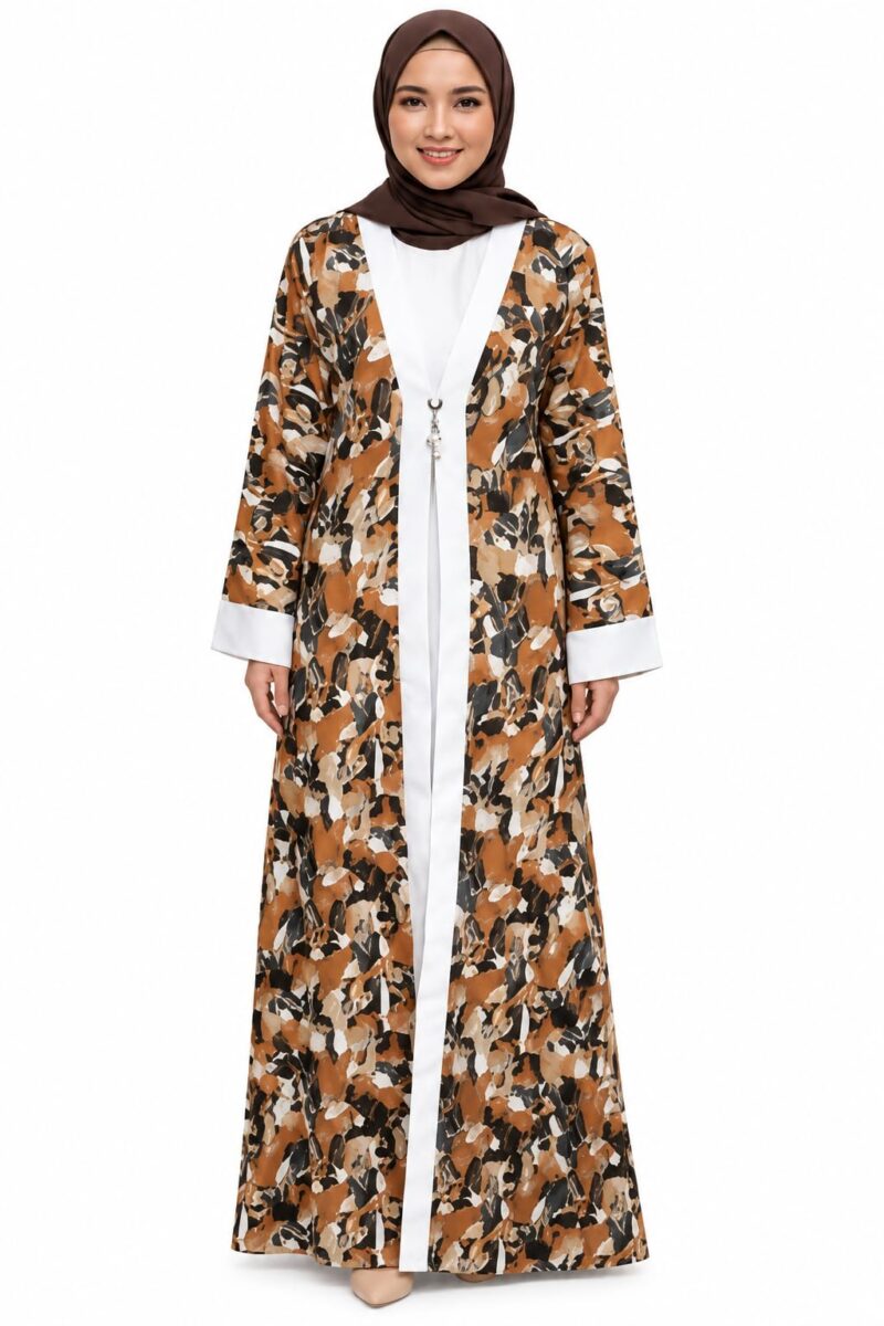 ASMABAYA Women's Printed Open Front Abaya | Dubai Style Muslim Cardigan Abaya | Modest Wear Long Kaftan with Inner Dress | Islamic Maxi Dress for Women